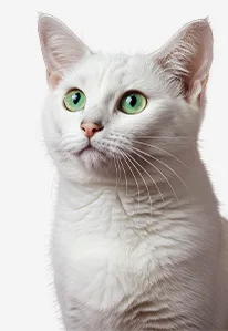 White cat with green eyes on white background