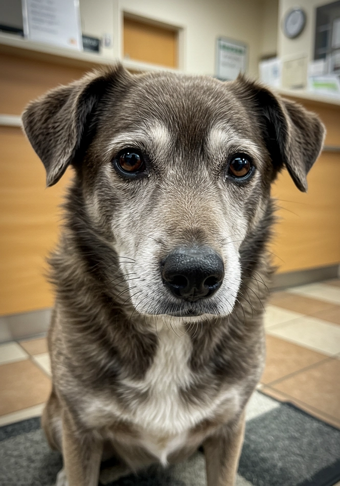 close up to an old dog in a veterinary clinic reception