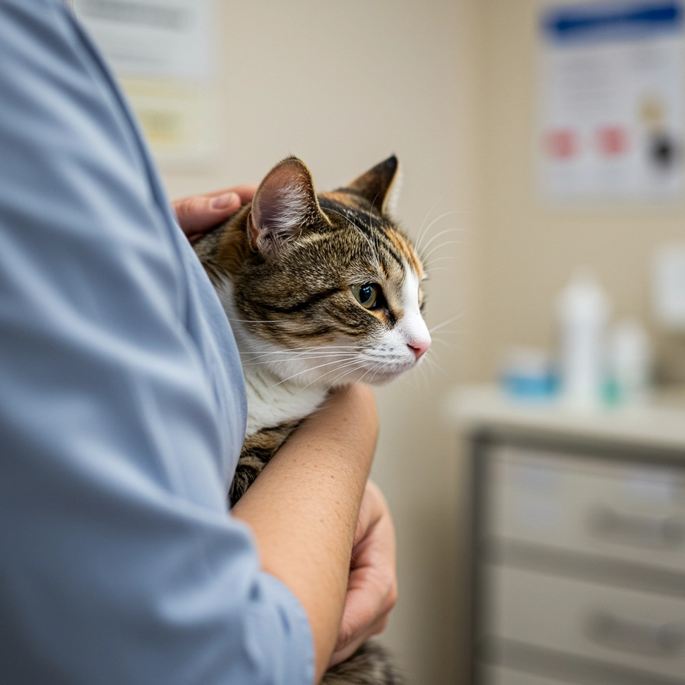 Cat in the arms of its owner in a veterinary clinic