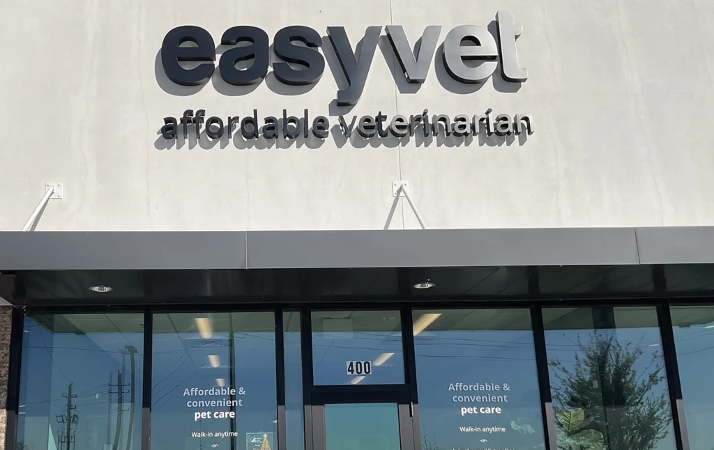 Exterior of EasyVet veterinary clinic with logo