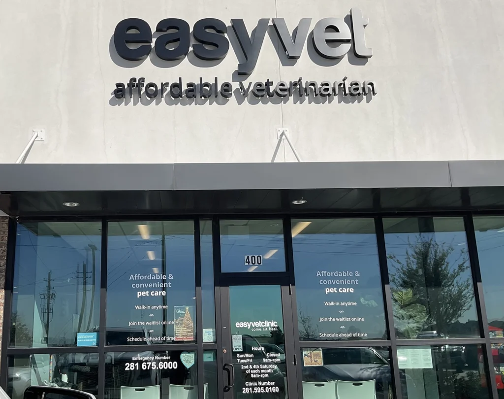 Exterior of EasyVet veterinary clinic with logo