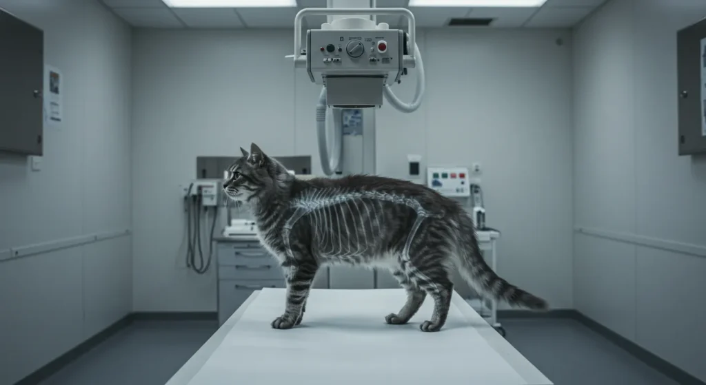 Gray tabby cat standing on a vet table
