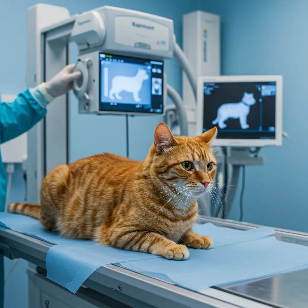 Orange tabby cat lying on a vet exam table