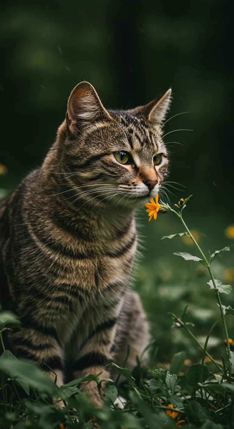 Tabby cat smelling an orange flower