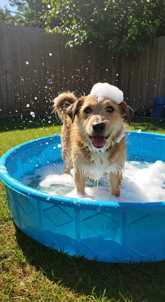 Dog jumping into a small blue pool with foam