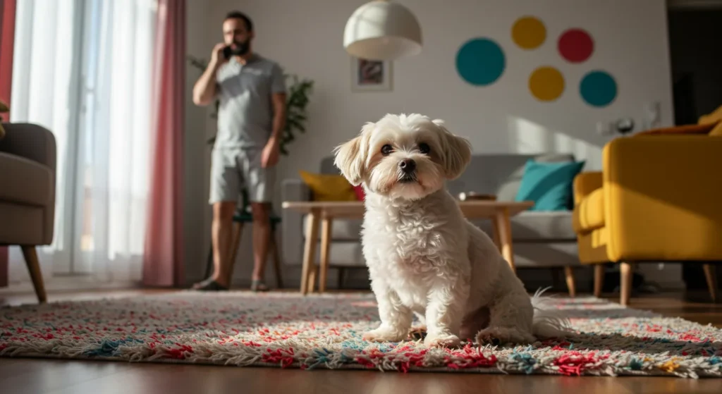 Small white dog sitting on a rug