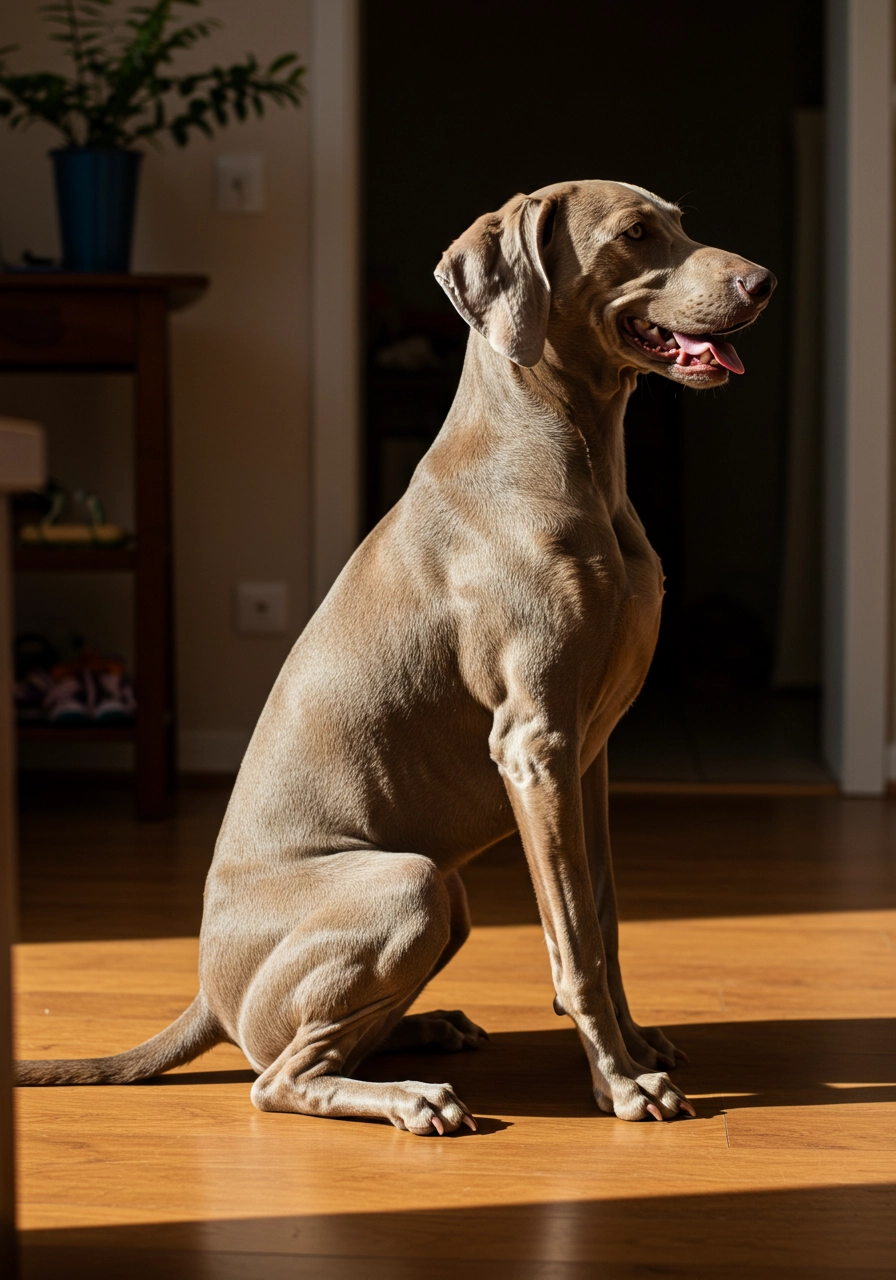 Weimaraner dog sitting in a living room