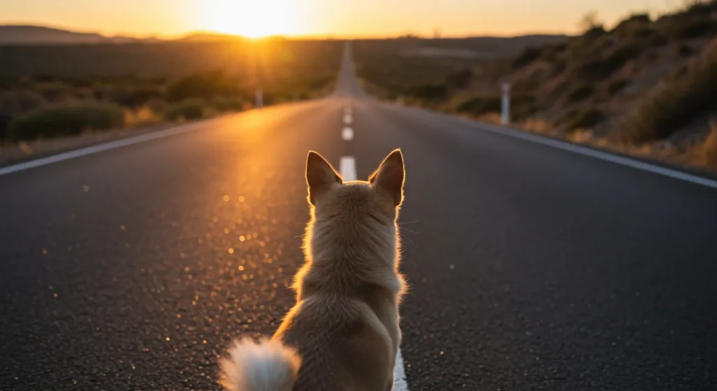 Dog looking at the sunset on a road