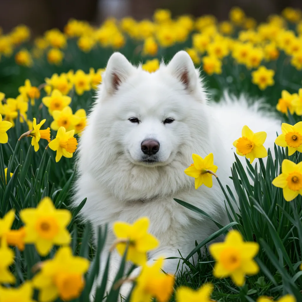 White fluffy dog sitting in a field of yellow flowers