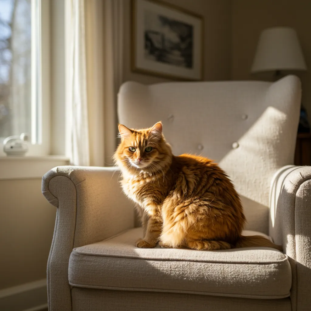 Orange cat sitting on a chair with sunlight