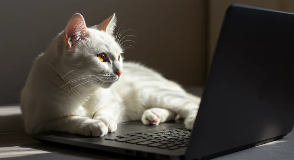 White cat using a laptop while laying on a couch