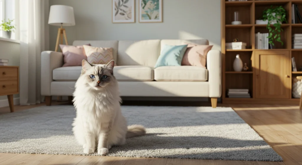 White fluffy cat sitting in a living room