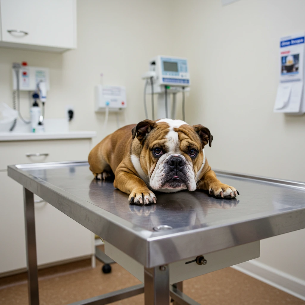 Brown dog laying on a vet exam table