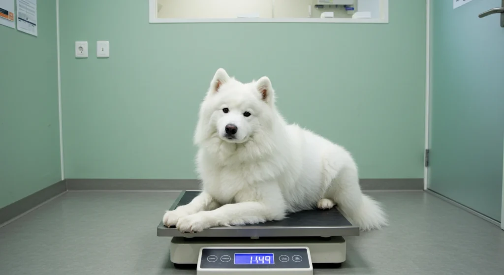 White fluffy dog sitting on a vet scale