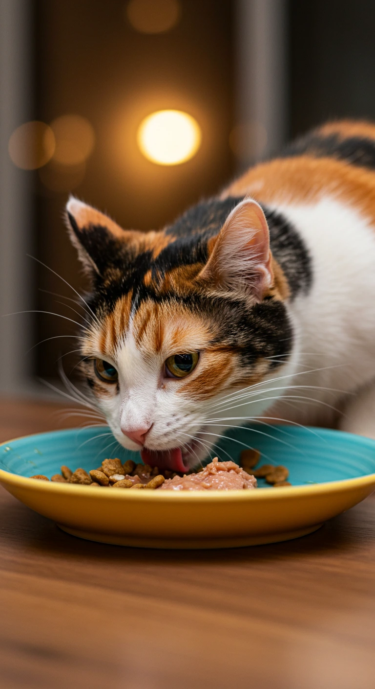 Calico cat eating from a food bowl