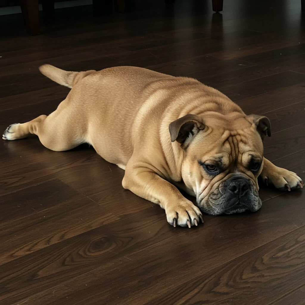 Bulldog laying on a wooden floor