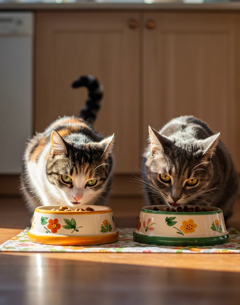 Two tabby cats eating from food bowls