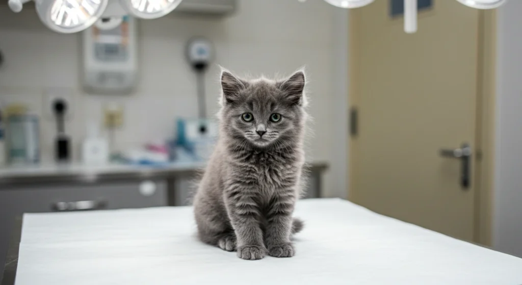 Gray kitten sitting on a vet table