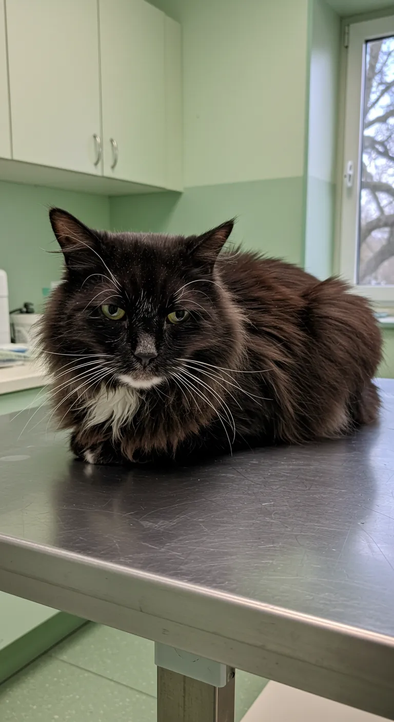 Long-haired cat sitting on a vet exam table