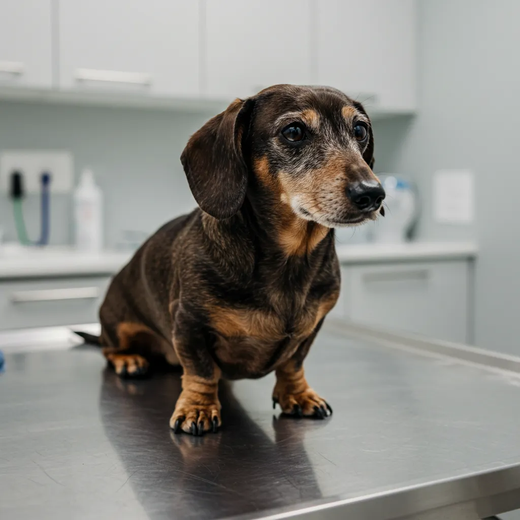 Brown dachshund standing on a white counter
