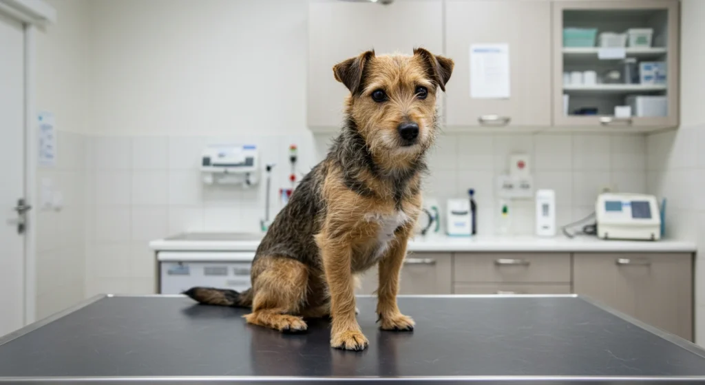 Small scruffy dog on a vet table