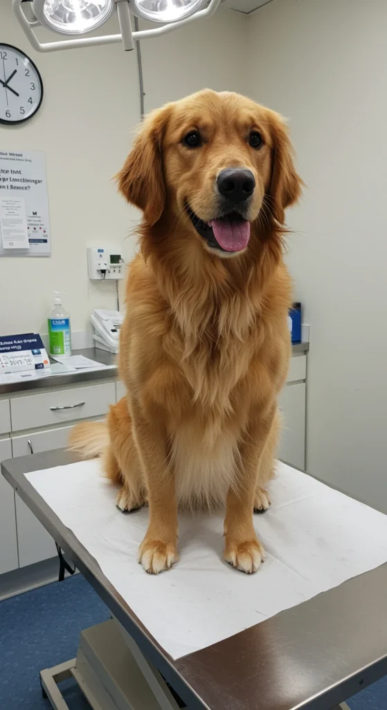 Golden retriever sitting on a vet exam table