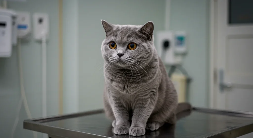 Gray cat sitting on a metal vet table