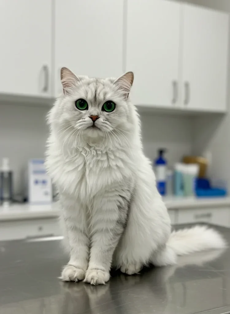 White fluffy cat sitting in a veterinary clinic